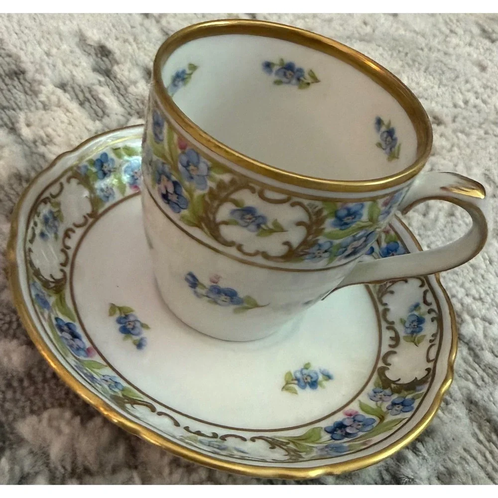 Schumann Arzberg Bavaria Forget Me Not Demitasse Cup Saucer Set Gold Gilt Blue